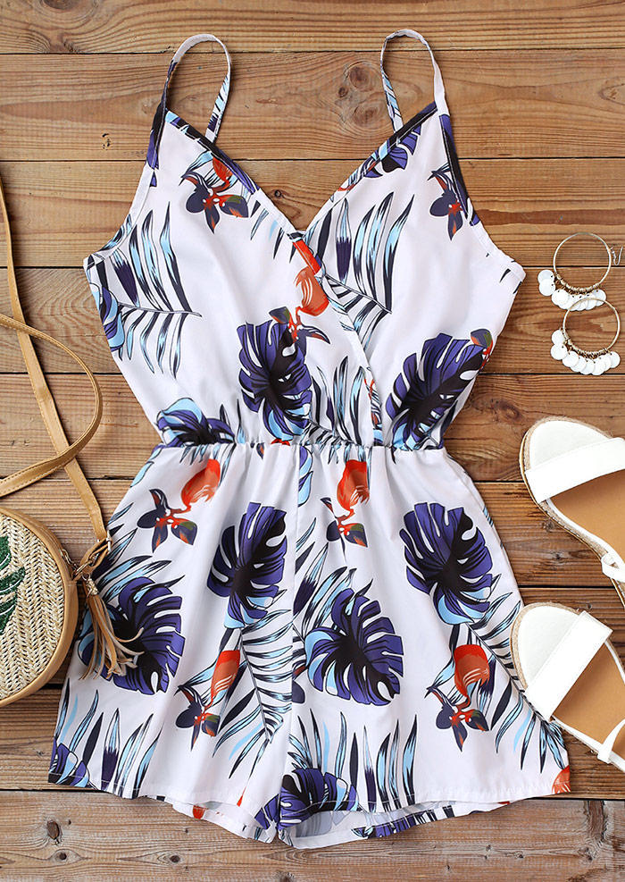 

Palm Leaf Adjustable Strap Elastic Waist Romper - White, 503556