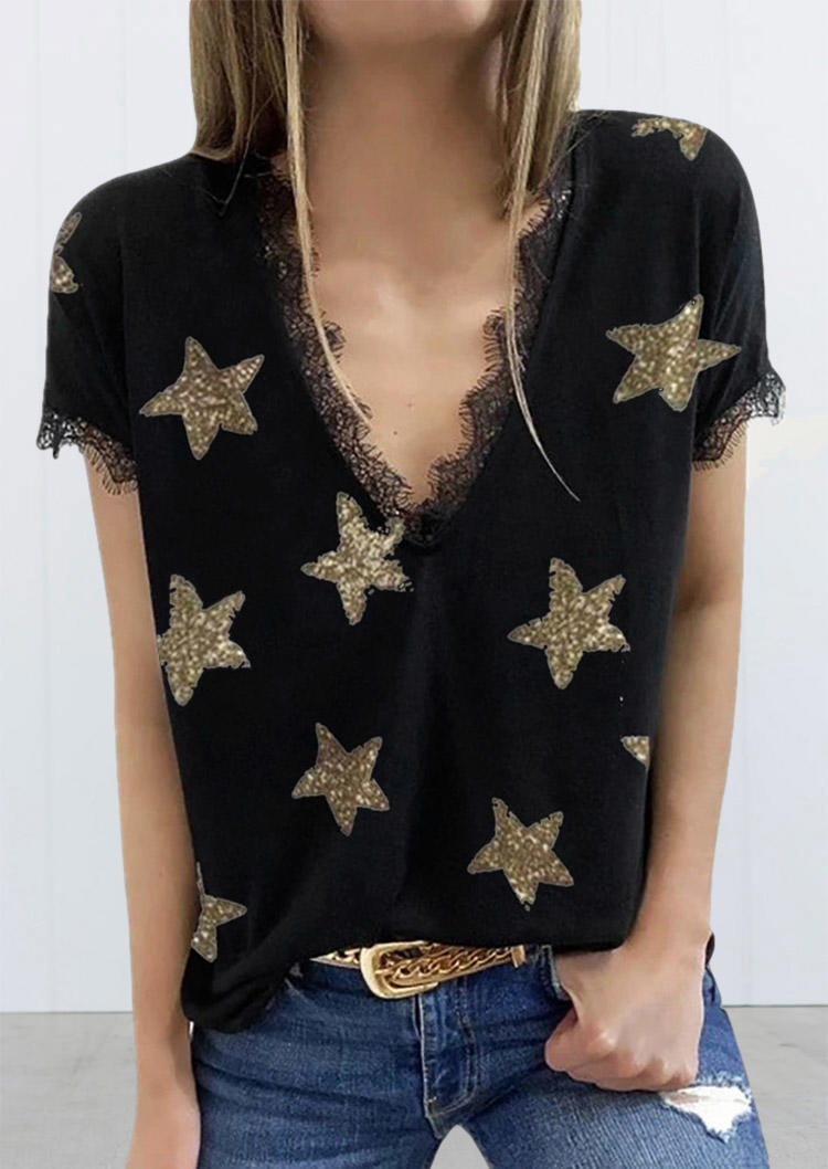 

Star Lace Trim V-Neck Blouse - Black, 503590