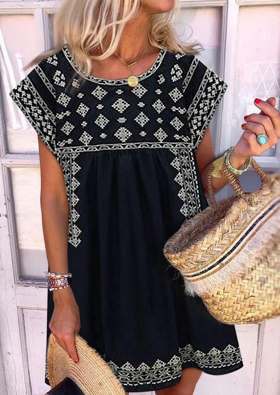

Vintage Geometric O-Neck Mini Dress - Navy Blue, 503595