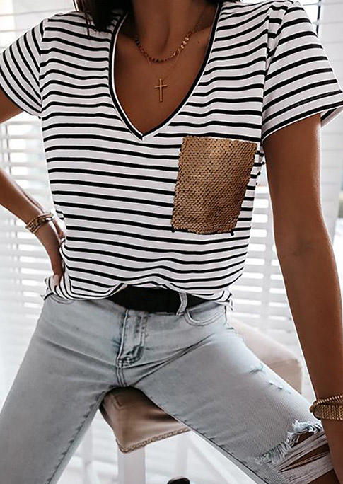 

Color Changing Reversible Sequined Pocket Striped Blouse - White, 503603