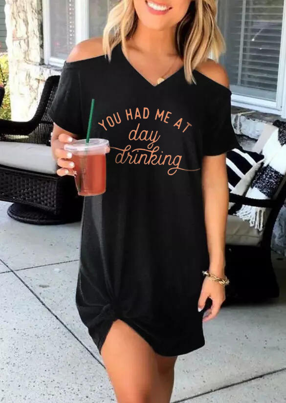 You Had Me At Day Drinking Cold Shoulder V-Neck Mini Dress - Black