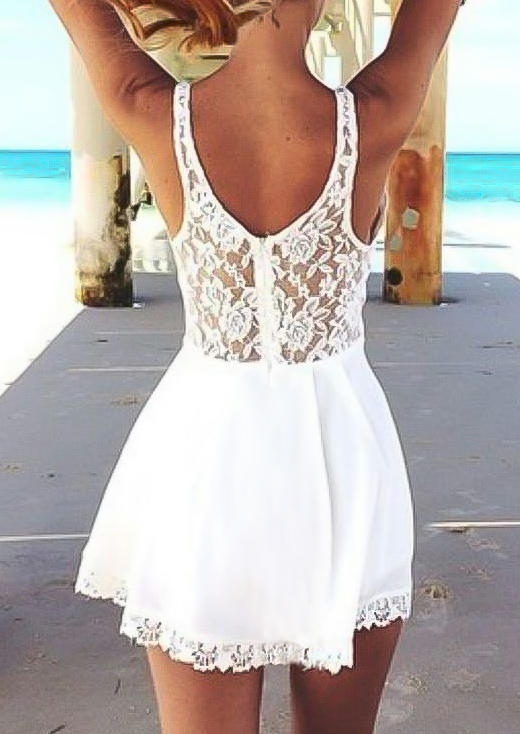 Lace Hollow Out Ruffled Zipper Sleeveless Mini Dress - White