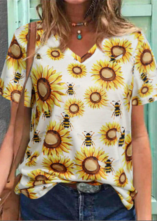 Buy Sunflower Bee V-Neck T-Shirt Tee - White. Picture