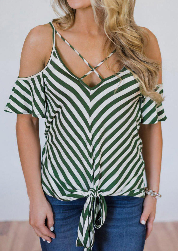 

Striped Criss-Cross Cold Shoulder Tie Blouse, Stripe, 502834