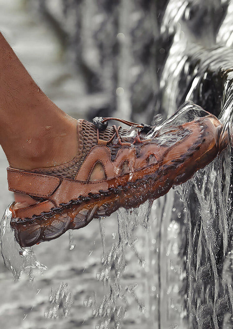 

Men Breathable Mesh Hollow Out Round Toe Flat Leather Sandals, Brown, 502937