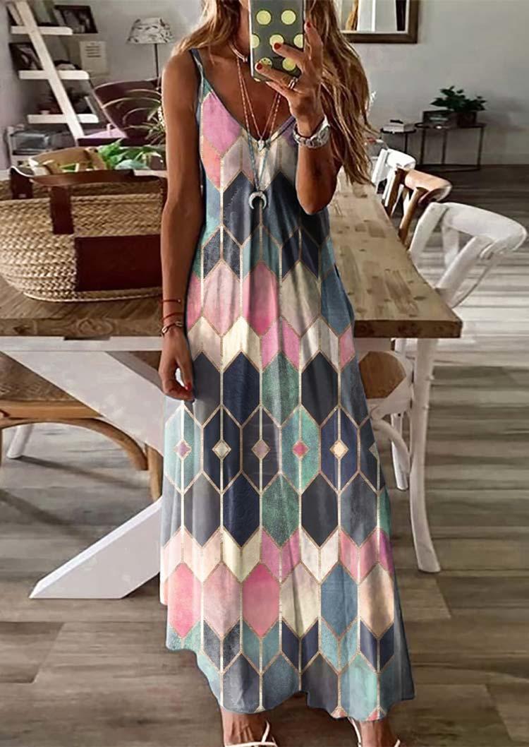 

Colorful Geometric Spaghetti Strap Maxi Dress, Multicolor, 503142