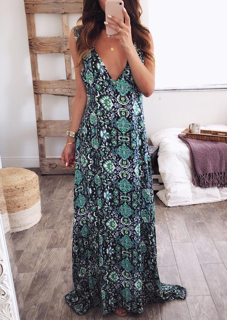 

Floral V-Neck Sleeveless Maxi Dress, Multicolor, 503438