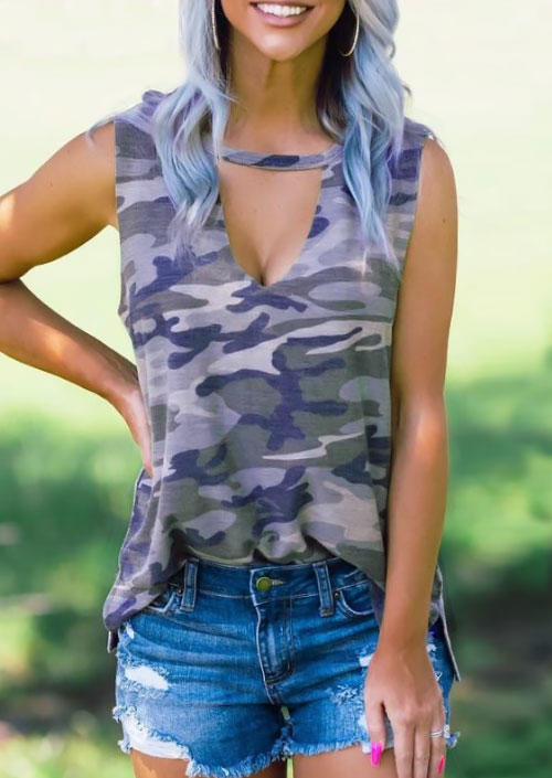 

Camouflage Hollow Out Keyhole Neck Tank, 503587
