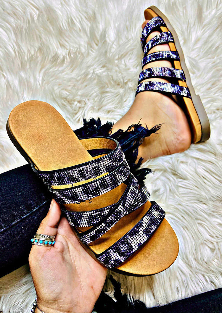 

Leopard Rhinestone Glitter Hollow Out Band Slip On Slippers, Multicolor, 503821
