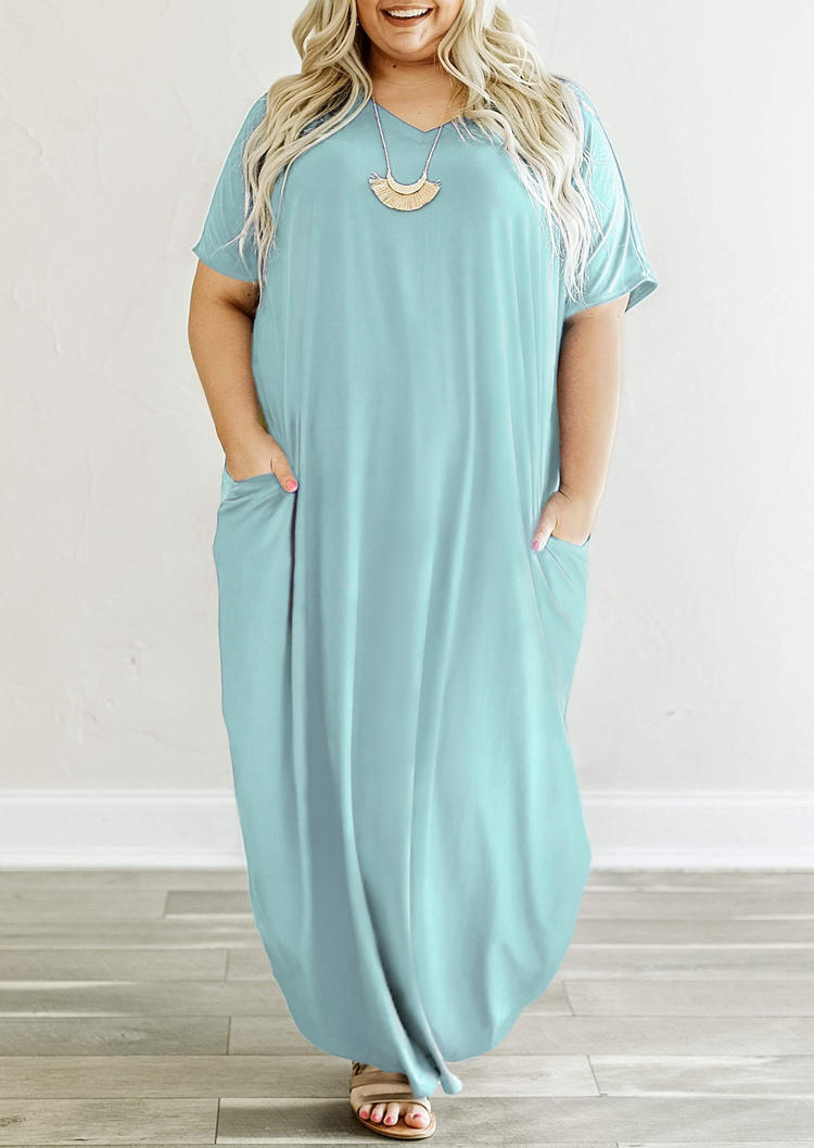 

Plus Size Ruffled Slit Pocket V-Neck Maxi Dress - Cyan, 500827