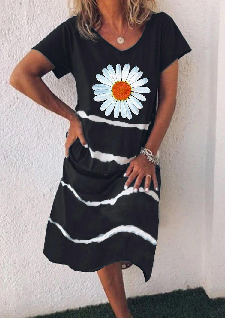 

Striped Daisy V-Neck Midi Dress - Black, 502913