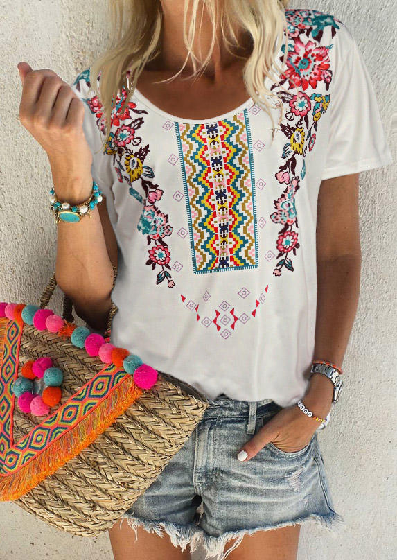 

Floral Geometric Short Sleeve Blouse - White, 503096