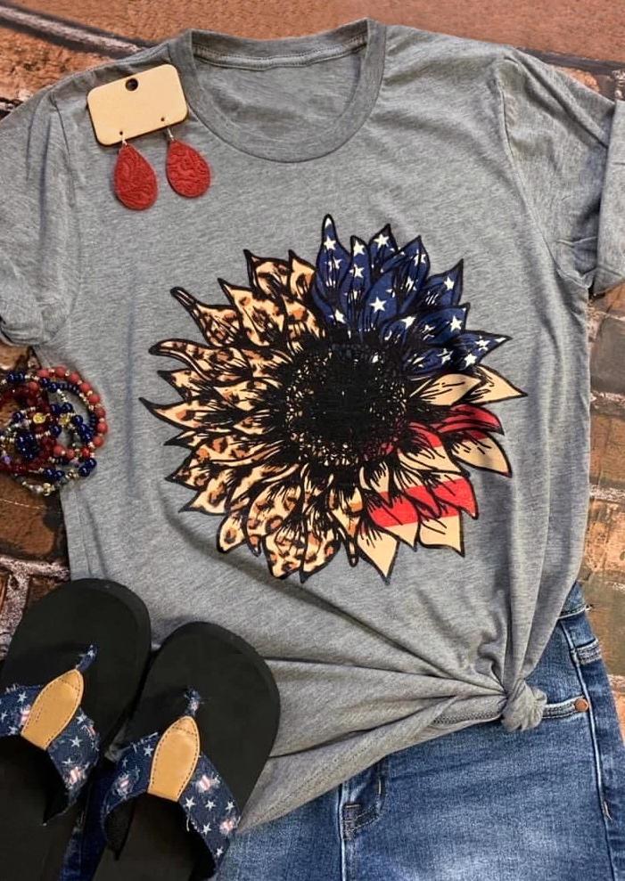 

Leopard Sunflower American Flag Star Striped T-Shirt Tee - Gray, 503112