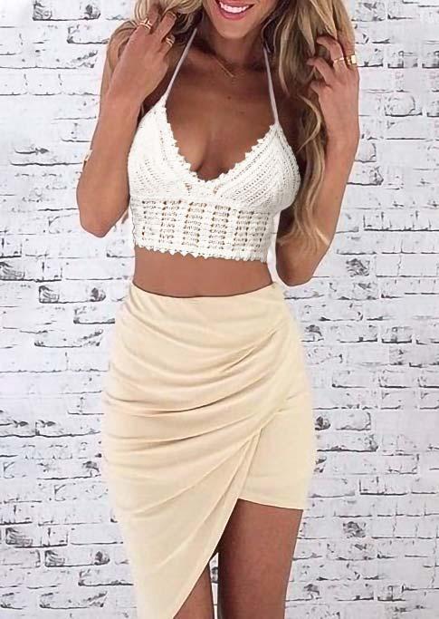 

Lace Crop Top And Ruched Asymmetric Midi Skirt Outfit - Yellow, 503251