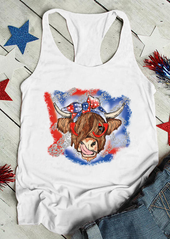 

Highland Cow American Flag Star Bowknot Racerback Tank - White, 503257