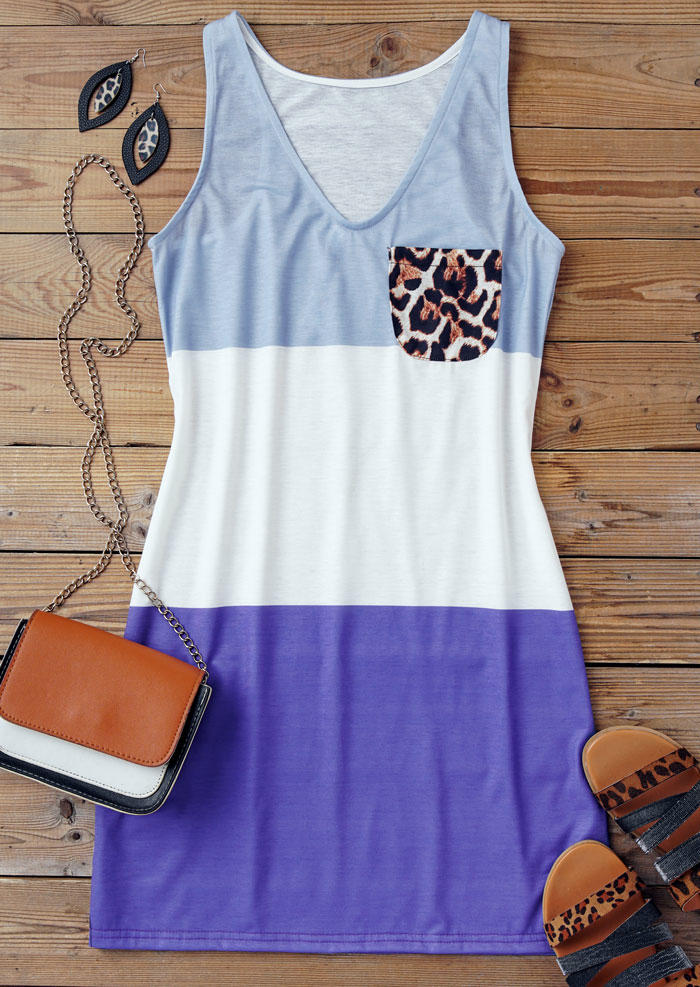 Color Block Leopard Pocket Sleeveless Mini Dress