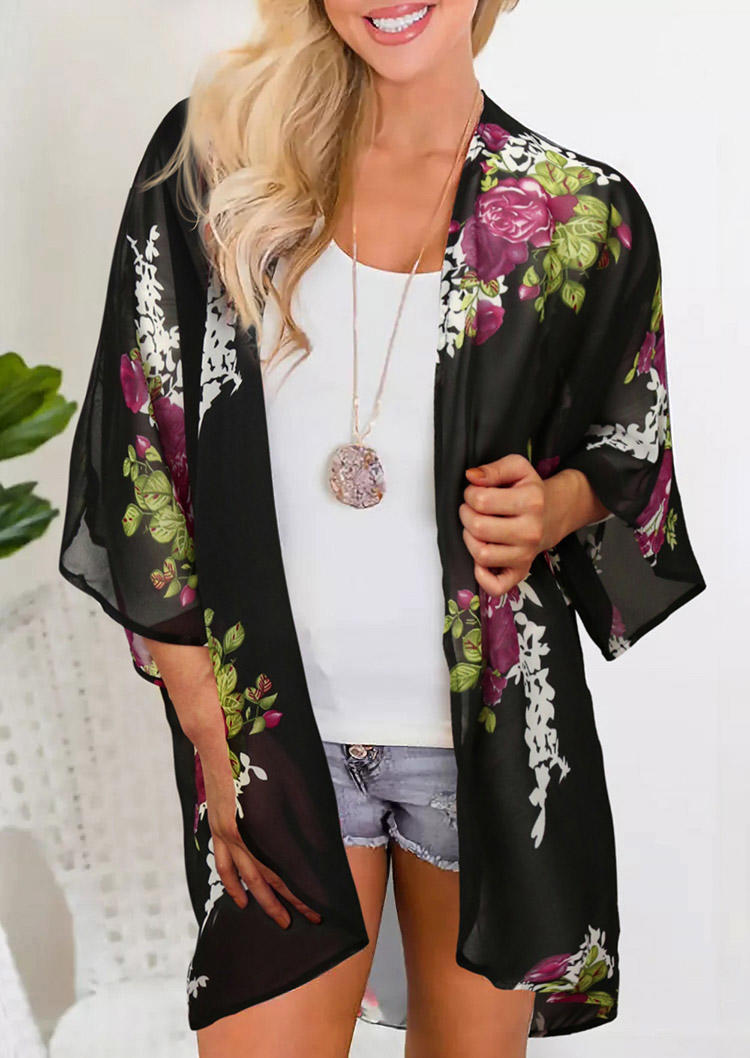 

Floral Batwing Sleeve Open Front Cardigan - Black, 503306
