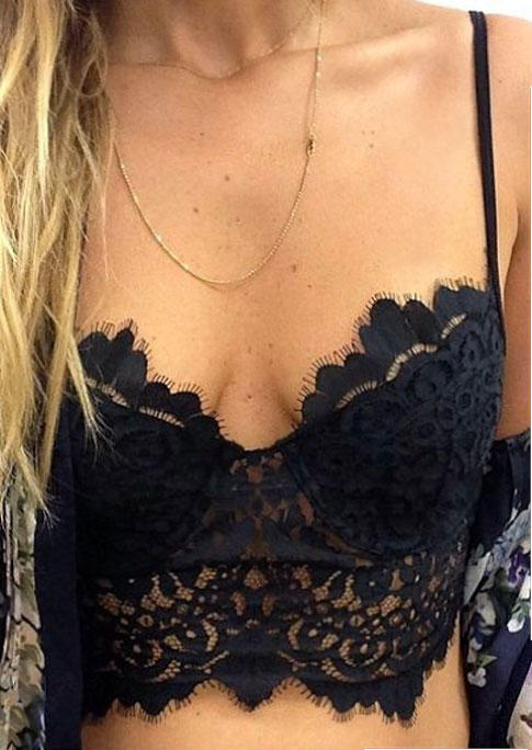 

Lace Floral Hollow Out Adjustable Spaghetti Strap Crop Top - Black, 503698