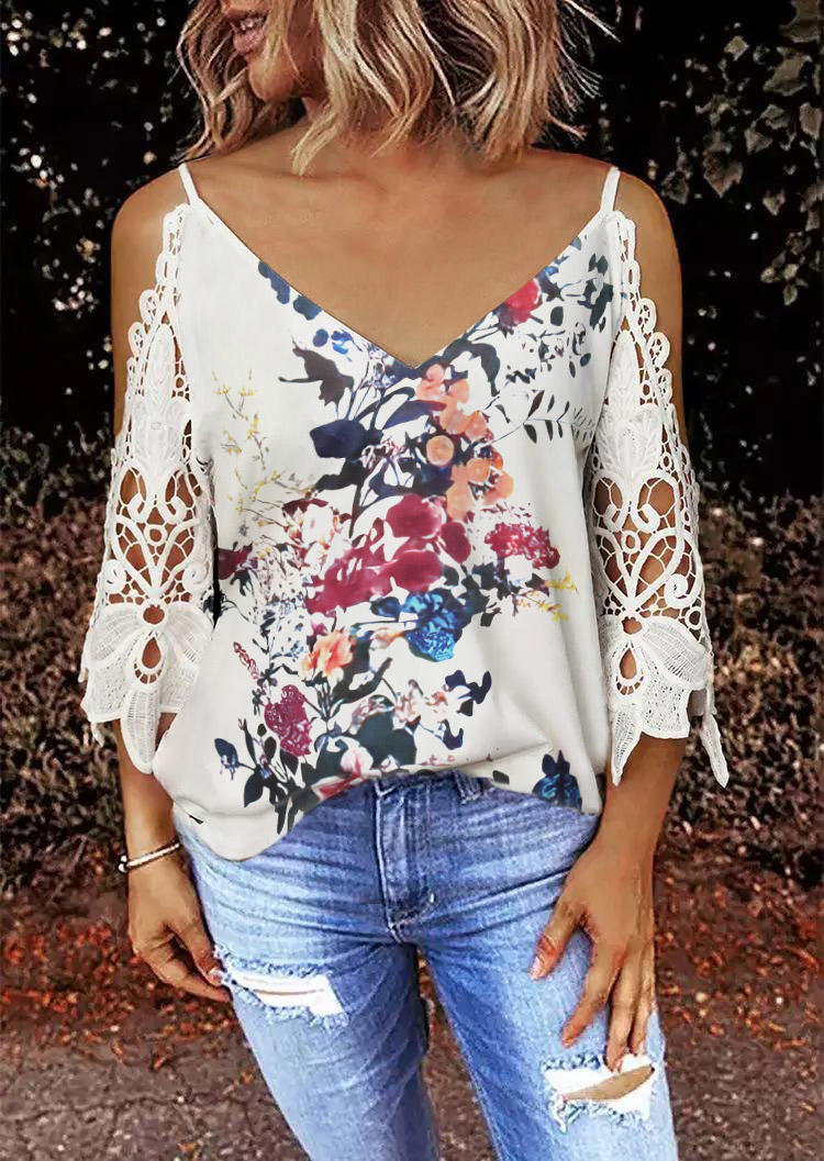 

Floral Lace Splicing Cold Shoulder V-Neck Blouse - White, 503737