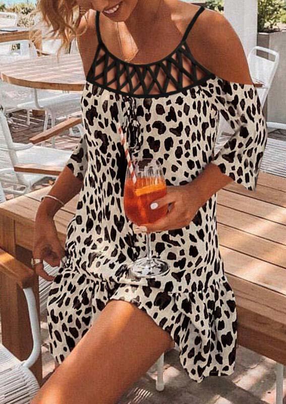 

Leopard Ruffled Criss-Cross Hollow Out Cold Shoulder Mini Dress, 503754