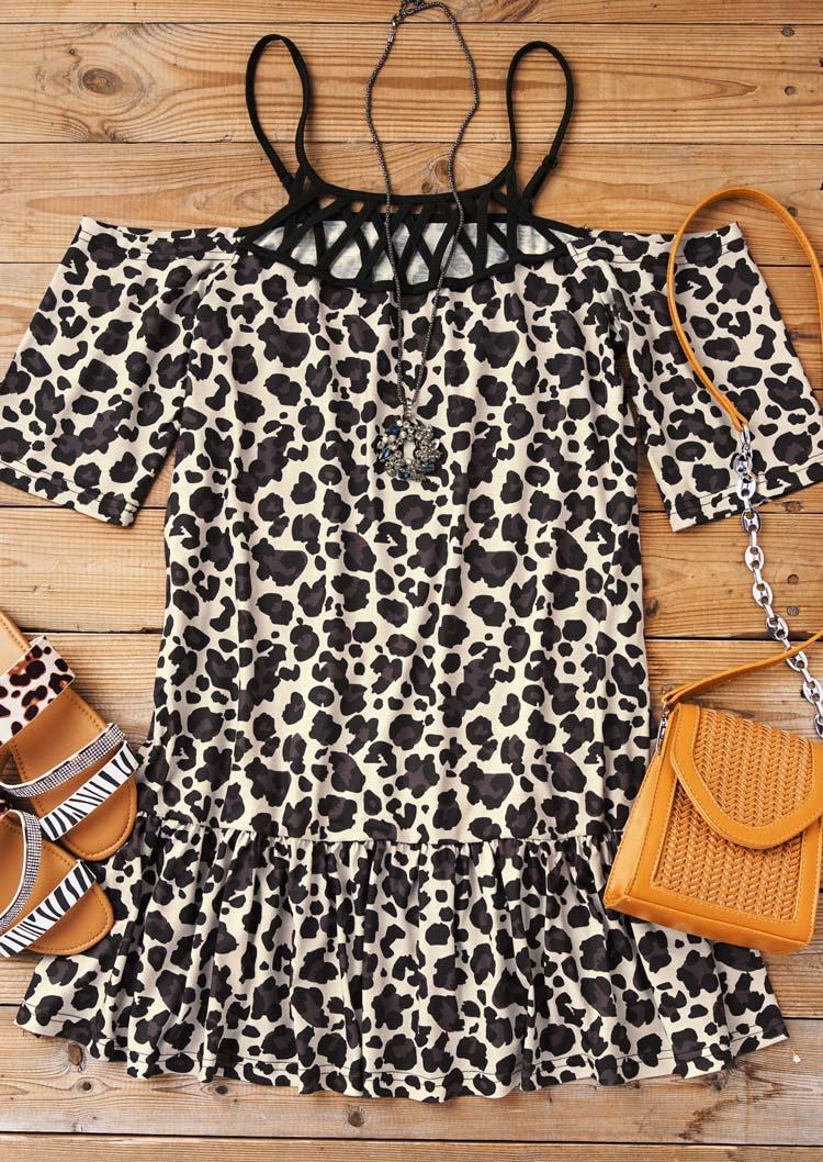 Leopard Ruffled Criss-Cross Hollow Out Cold Shoulder Mini Dress