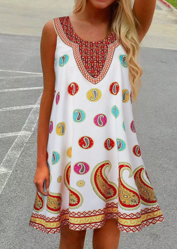 

Vintage Paisley Sleeveless Mini Dress - White, 501524