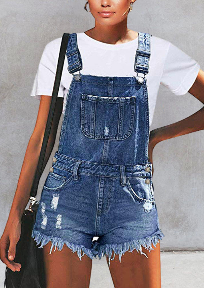 

Pocket Button Ripped Hole Denim Overall Romper - Blue, 502936