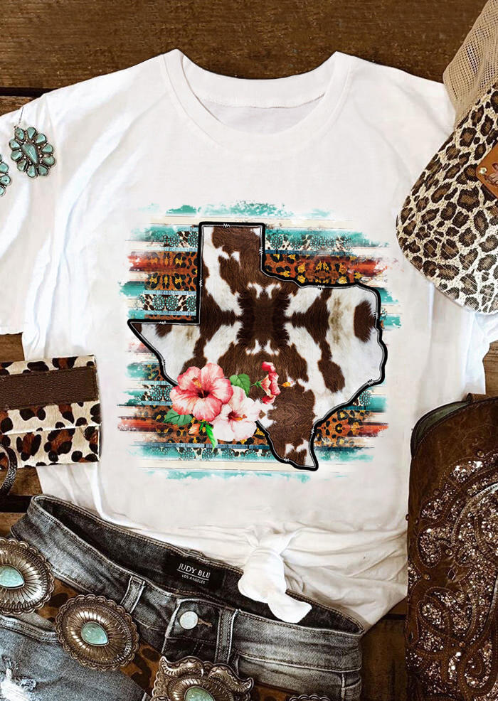 

Cowhide Texas Map Leopard Flower Western T-Shirt Tee - White, 503111