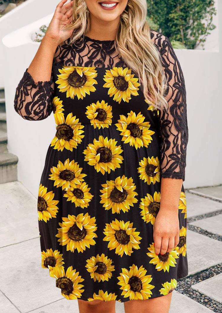 

Plus Size Sunflower Lace Splicing Ruffled Button Mini Dress - Black, 503359