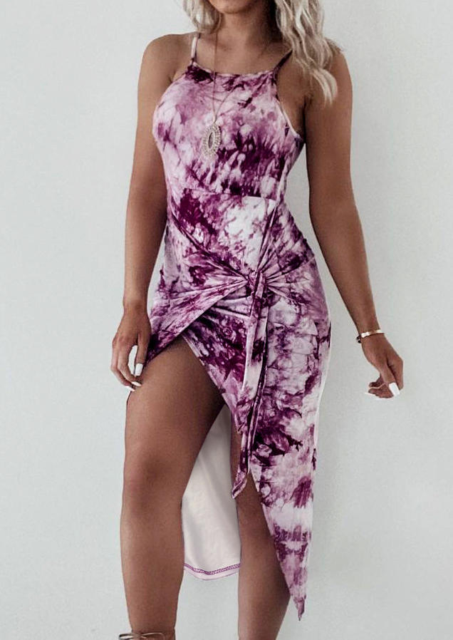 

Tie Dye Asymmetric Spaghetti Strap Midi Dress - Purple, 503586