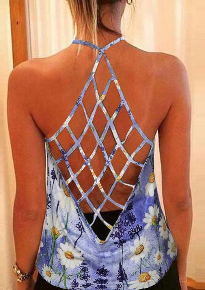 

Daisy Tie Dye Criss-Cross Open Back Halter Camisole - Purple, 503609