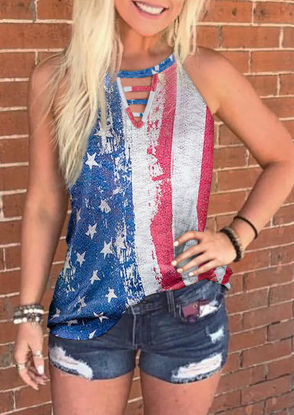 

American Flag Star Keyhole Neck Casual Tank, Multicolor, 503650