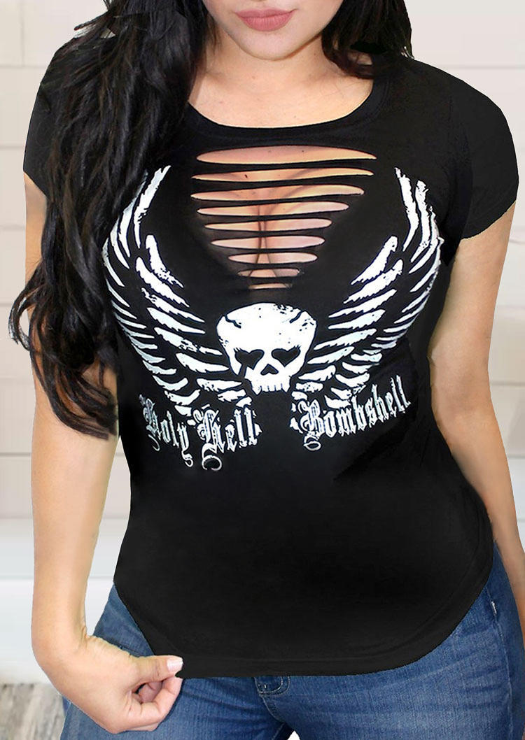 

Holy Hell Bombshell Skull Motorcyle Keyhole Neck T-Shirt Tee - Black, 503718