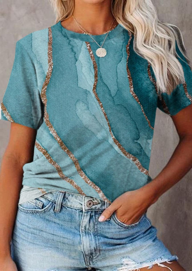 

Ink Painting Short Sleeve O-Neck Blouse - Blue, 503768