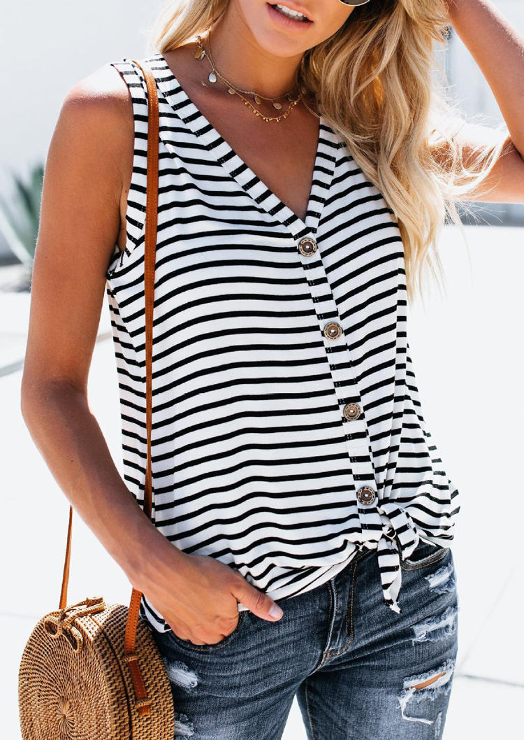 

Striped Button Tie V-Neck Tank, Stripe, 503831