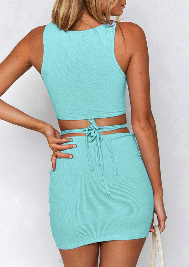 Ruffled O-Neck Crop Top And Tie Hollow Out Mini Skirt Outfit - Lake Blue