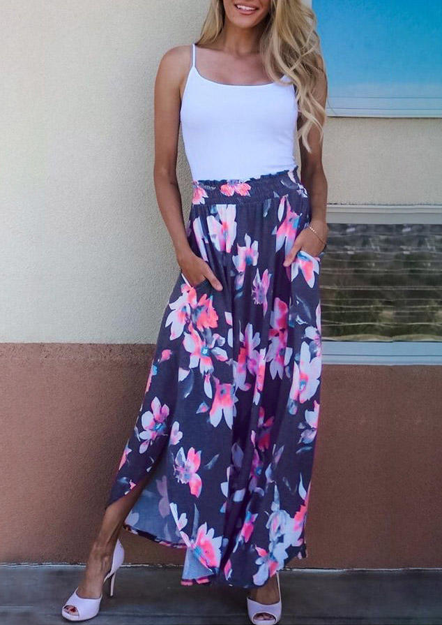 

Floral Slit Pocket Long Skirt - Navy Blue, 503883