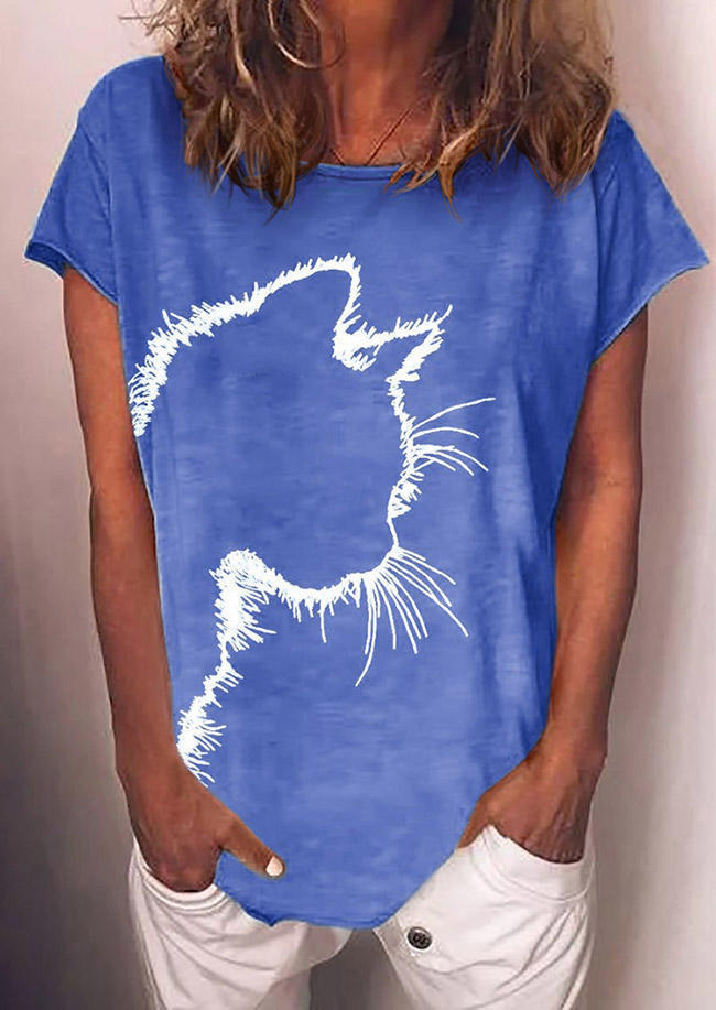 

Cat Short Sleeve O-Neck T-Shirt Tee - Light Blue, 503931