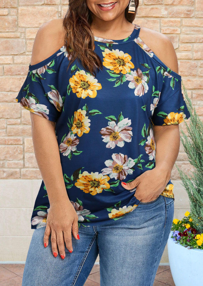 

Plus Size Floral Leaf Cold Shoulder Blouse - Deep Blue, 500521