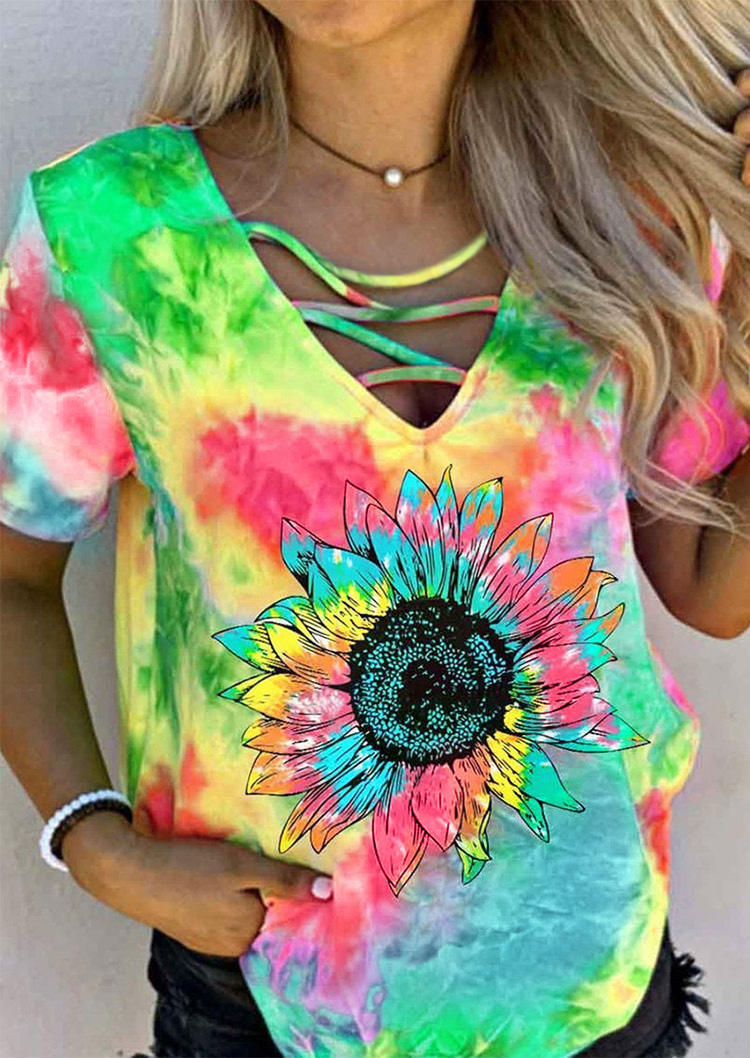 

Tie Dye Sunflower Hollow Out Keyhole Neck Blouse, Multicolor, 503091