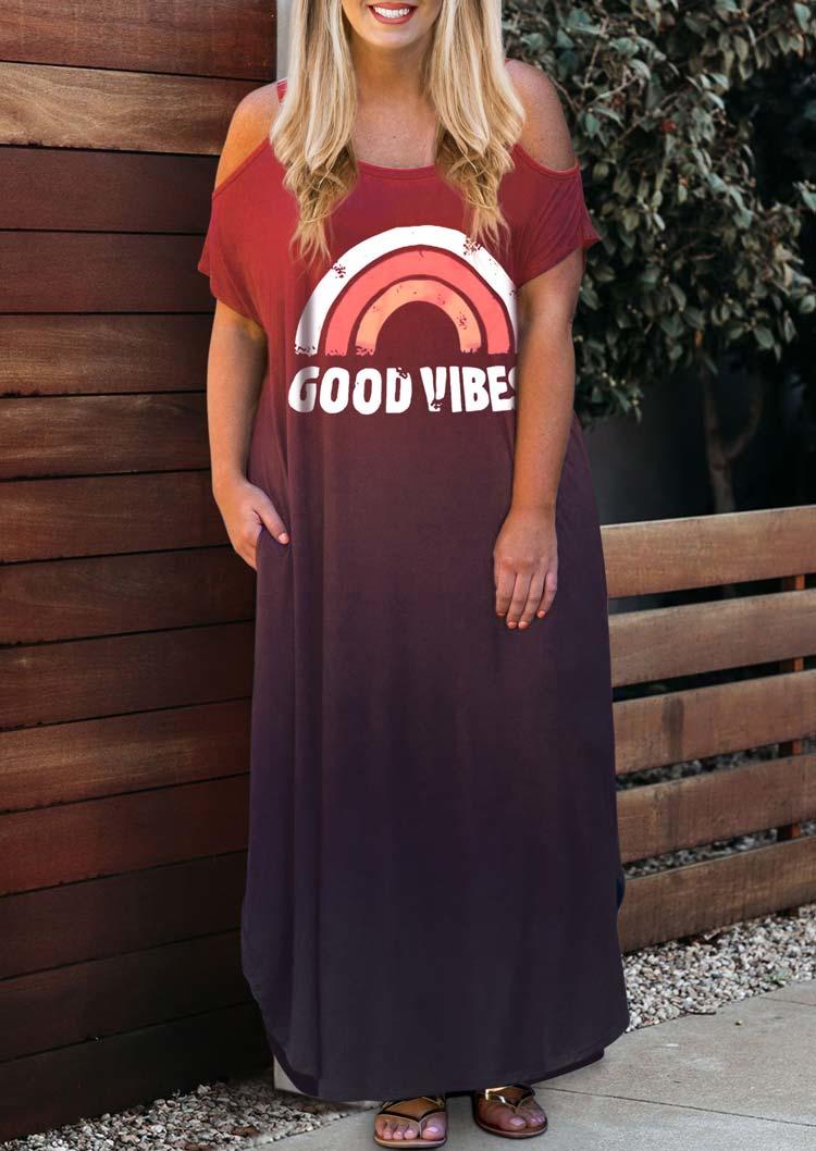 

Plus Size Good Vibes Rainbow Gradient Cold Shoulder Maxi Dress - Plum, 503129