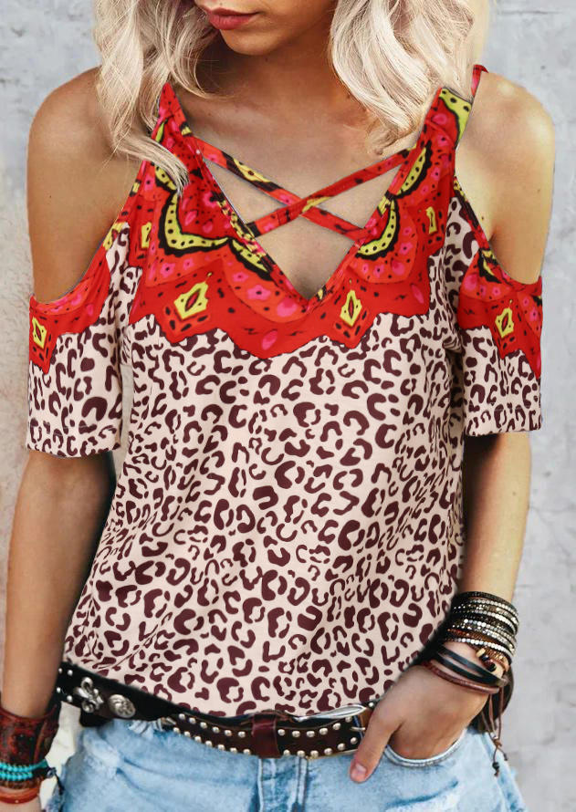 

Leopard Criss-Cross Cold Shoulder Blouse, 503589