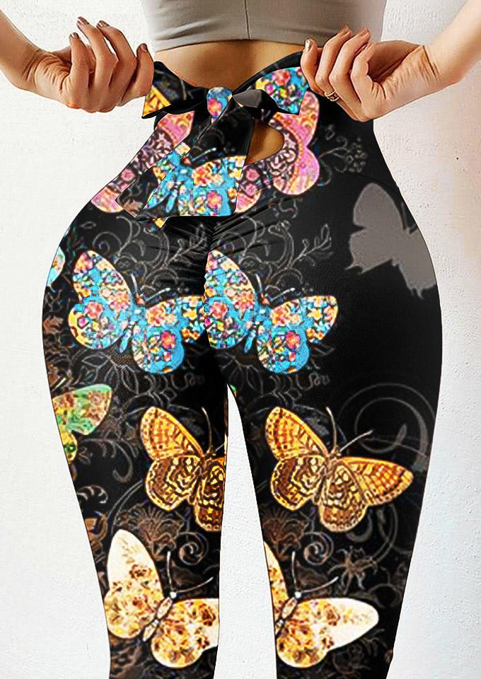 

Colorful Butterfly Floral Tie Activewear Sports Leggings - Black, 503606