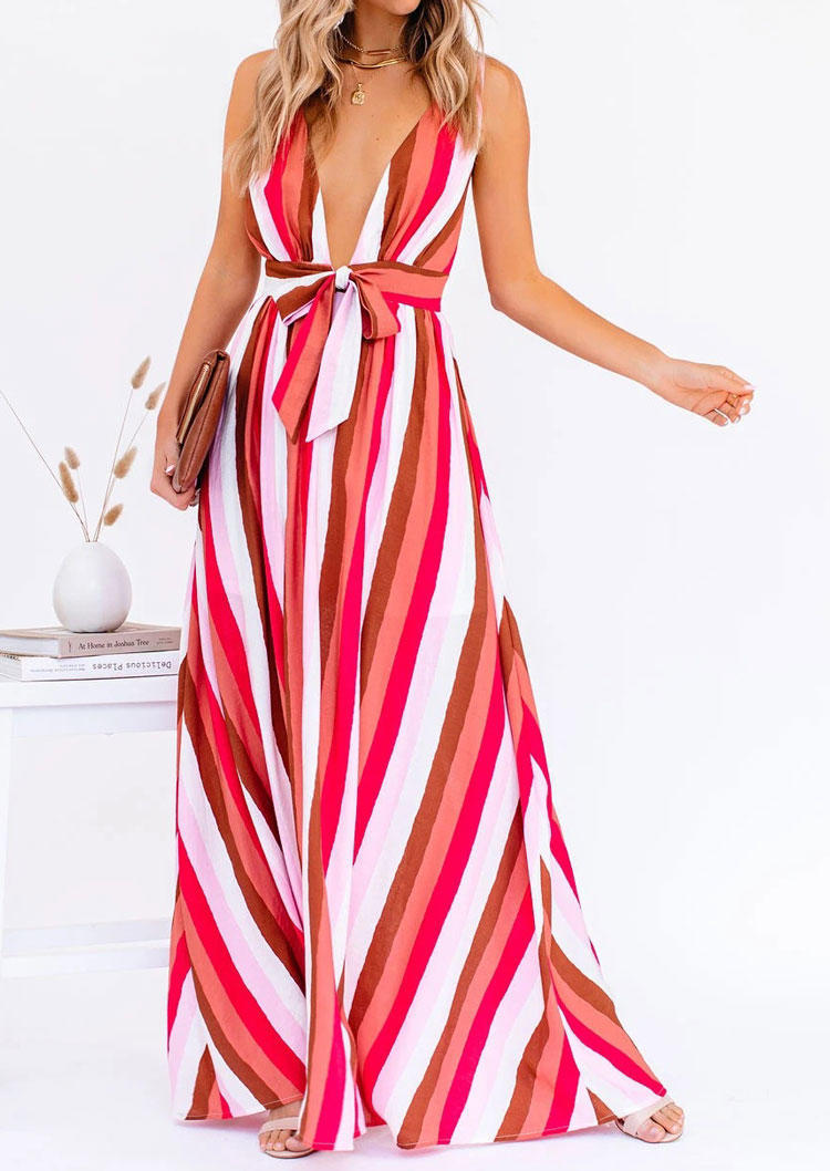 

Striped Tie Zipper Open Back Deep V-Neck Maxi Dress - Red, 503740