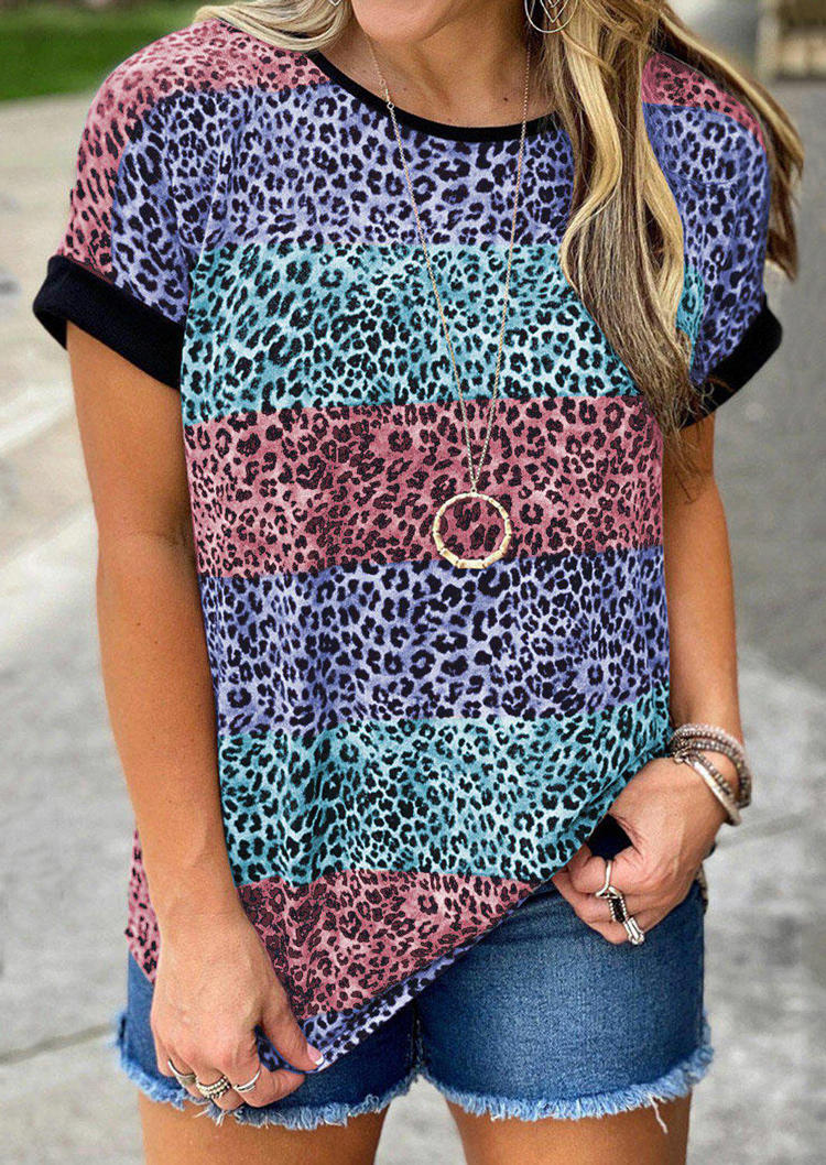 

Leopard Striped Color Block T-Shirt Tee, Multicolor, 503872