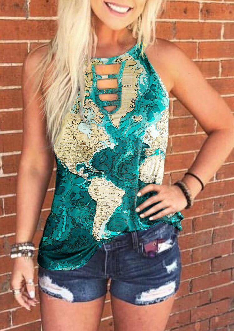 

Map Keyhole Neck Halter Tank, Multicolor, 503877