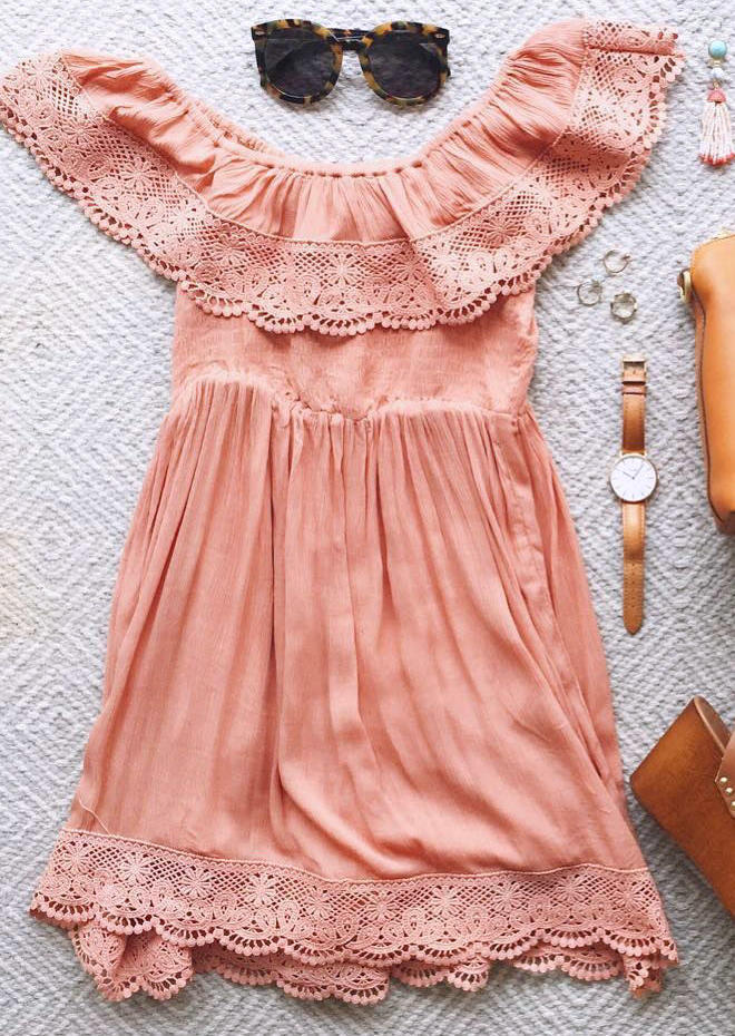 Lace Ruffled Layered Off Shoulde Mini Dress - Pink