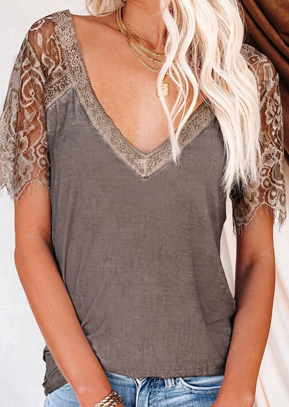 

Lace Splicing V-Neck Blouse - Coffee, Brown, 504034