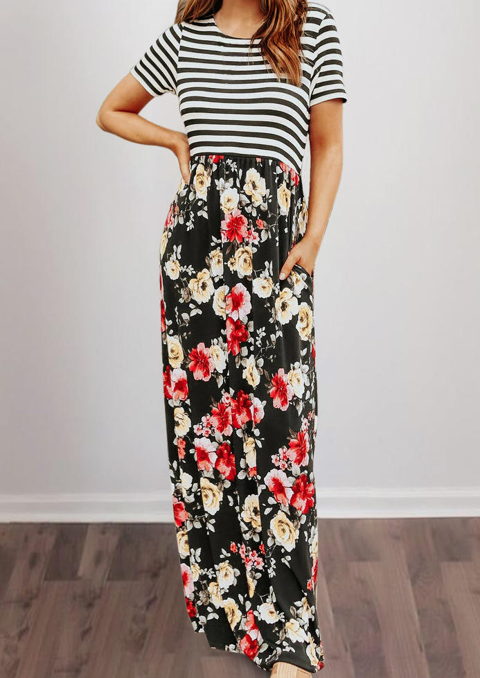 

Floral Striped Pocket Maxi Dress, Multicolor, 504070