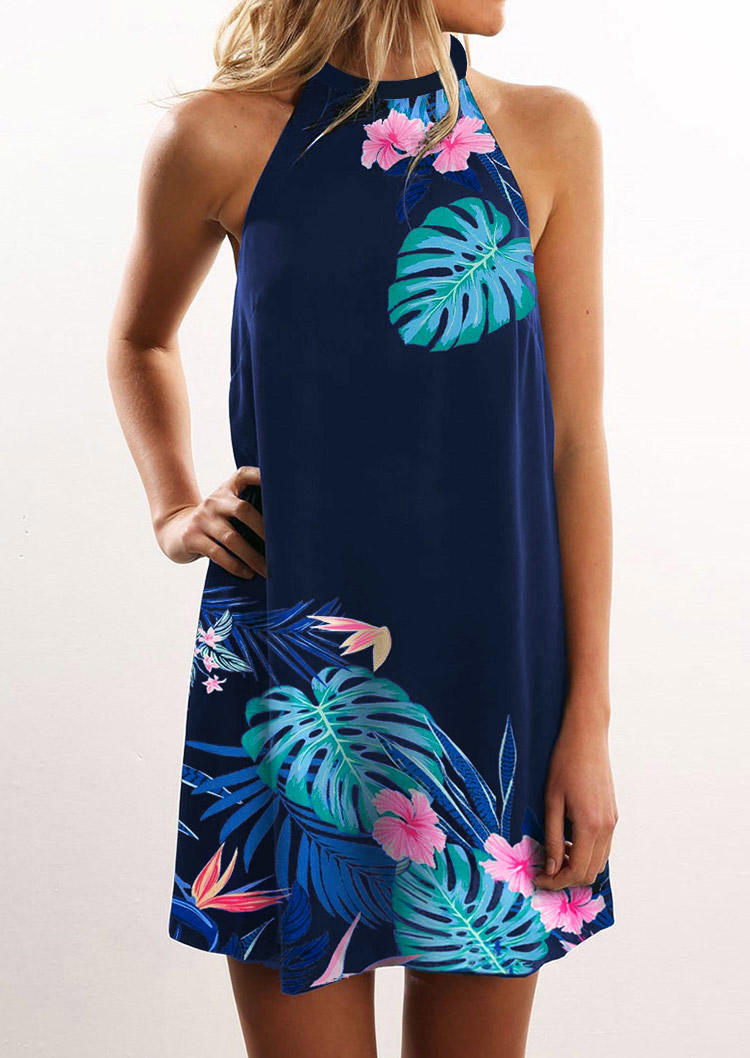 

Palm Leaf Floral Sleeveless Mini Dress - Deep Blue, 502046